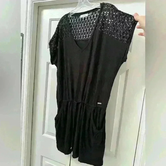 Calvin Klein Crochet Beach Coverup Casual Dress Black Drawstring 2 Pockets Sz XL - Picture 5 of 12